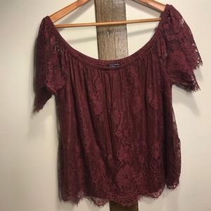 AEO Off-The-Shoulder Maroon Eyelash Lace Top